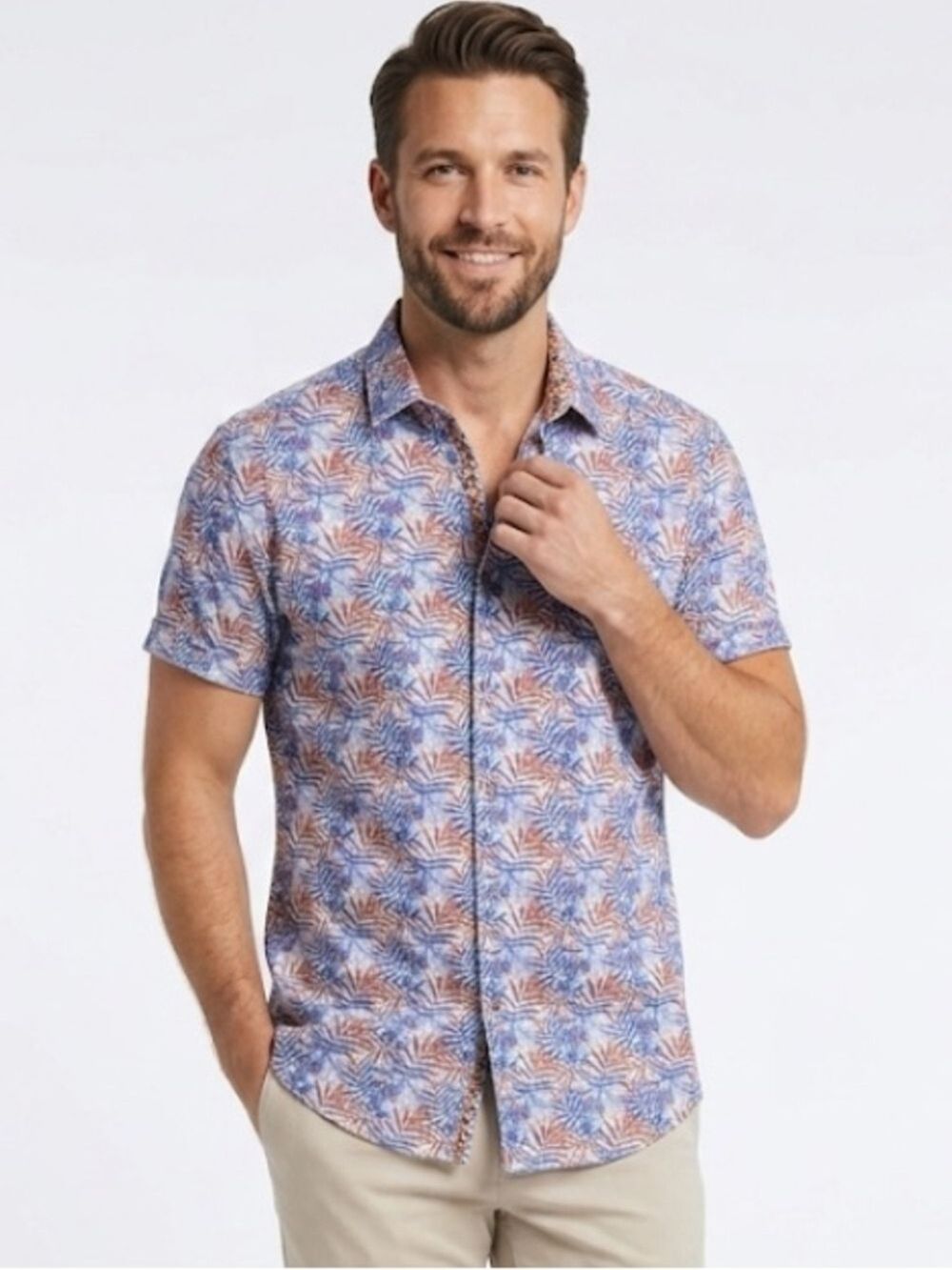 Robert Graham Short Sleeve Button-Up in Blue Leaf Print Linen Blend 2X NWT